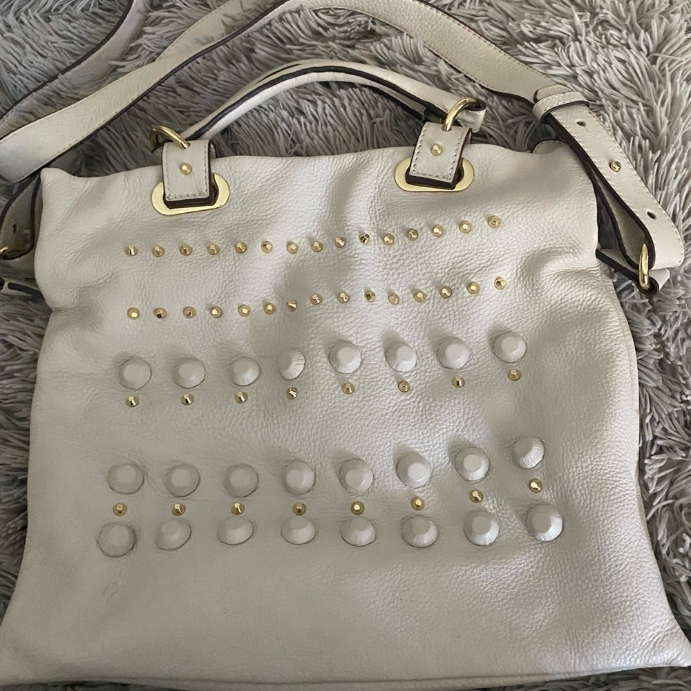 Vince Camuto White and Gold Studded Satchel